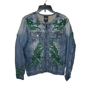BoohooMAN Men's Embellished King Denim Jacket S Blue & Green Beaded Embroidery S